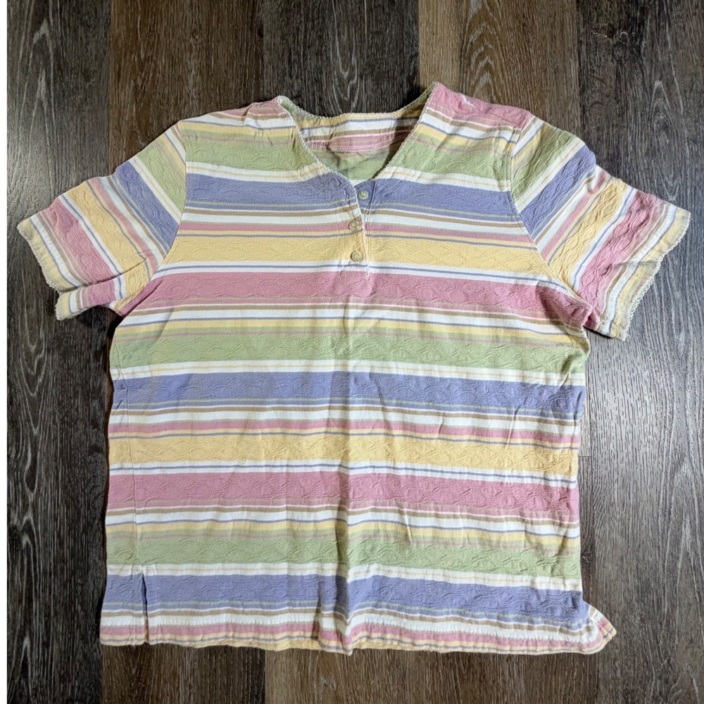 Henley Top Womens L Multi Color Pastel Striped Textured Lace Trim